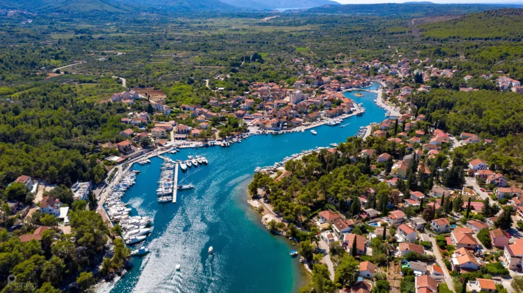 Drone picture of town Vrboska on island Hvar.
